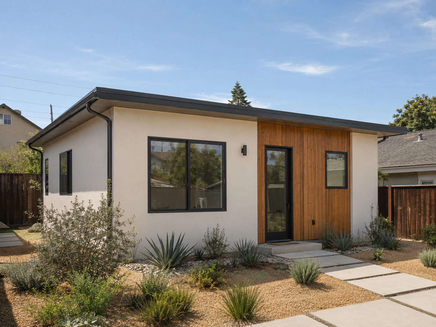 A modest modern accessory dwelling unit in a San Diego backyard